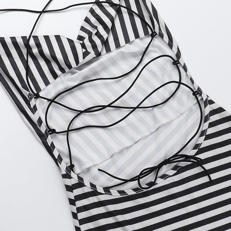 Women Suspender Pocket Neck Sexy Backless Striped Dress 9