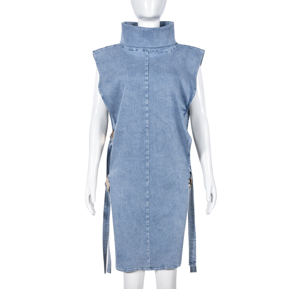 Sexy sleeveless hollow slit high collar denim dress 16