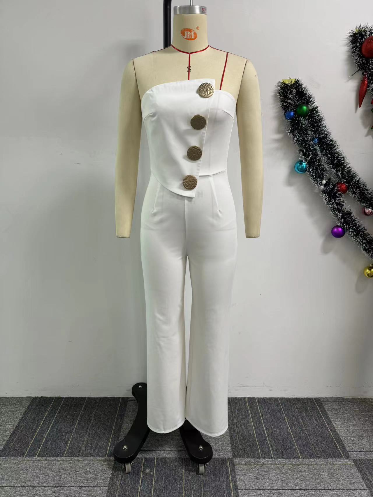 Strapless Solid Color Button Wide-Leg Jumpsuit 7