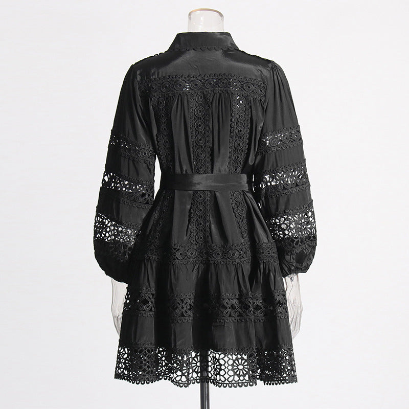Women's Summer Chic Long Sleeve Hollow Belt Slim Waist Short Dress 17