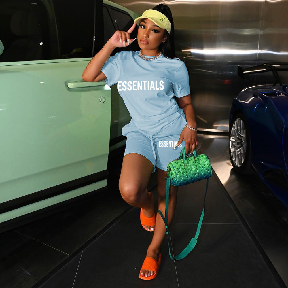 Women's Fashion Casual Letter Print Pocket Lace Up Loose T-Shirt Shorts Sports Two-Piece Set 8