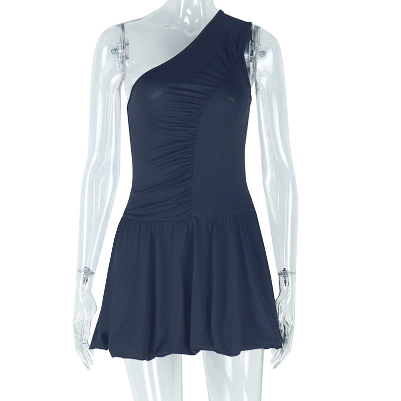 Women's Elegant Irregular Slash Shoulder Solid Color A-Line Sleeveless Ruffle Short Dress 8