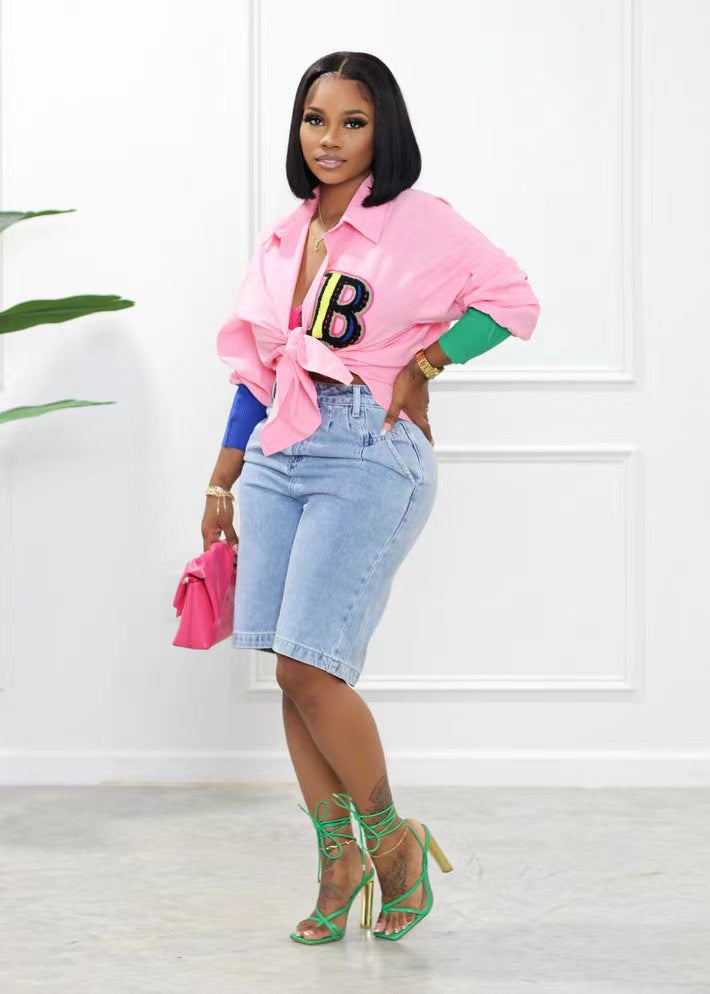 Fall/Winter Style Patchwork Embroidered Appliqued Front Short Back Long Blouse 3