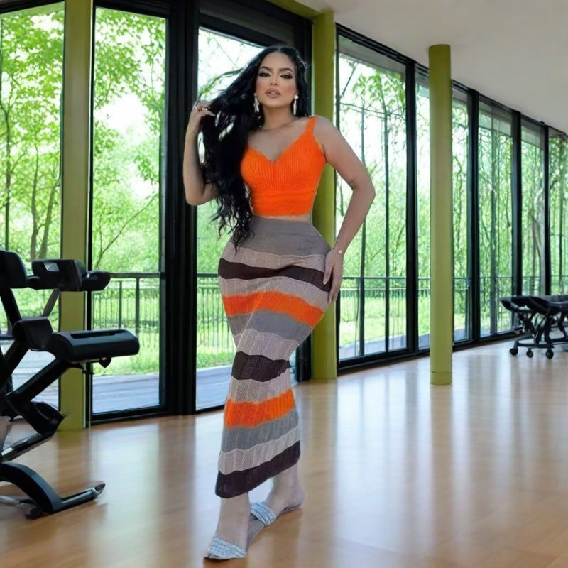 Autumn Sexy Hollow Out Patchwork Knitting Beach Holidays Style Long Skirt Set