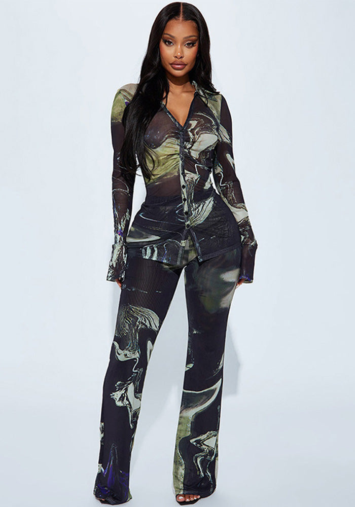 Women's clothing casual print turndown collar pleated button top Pants two-piece set