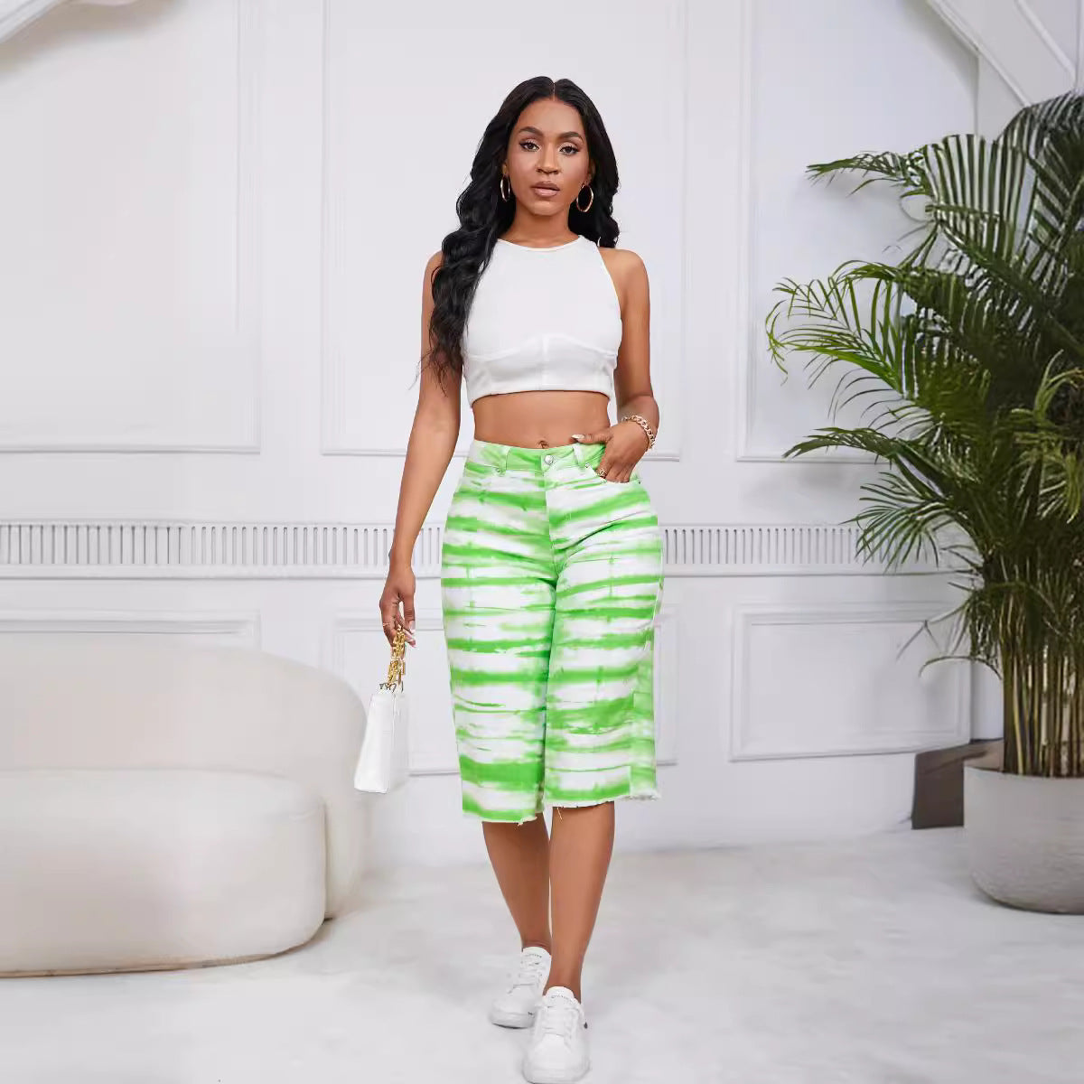 Women Tie Dye Straight Stretch Ripped Denim Cropped Pants Straight Leg Pants 9