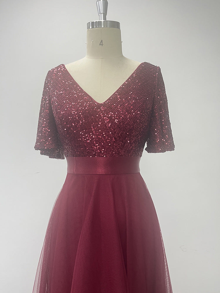 Elastic waist Mesh Patchwork elegant v-neck ruffled short-sleeved evening dress 14