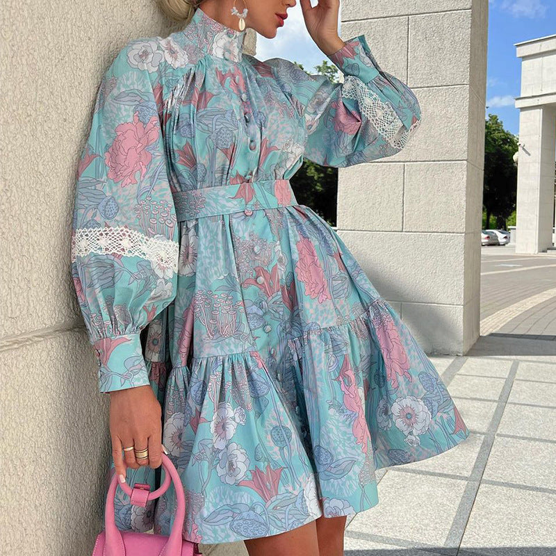 Spring Autumn Women's Fashion Chic Long Sleeve High Neck Swing Print Dress 3