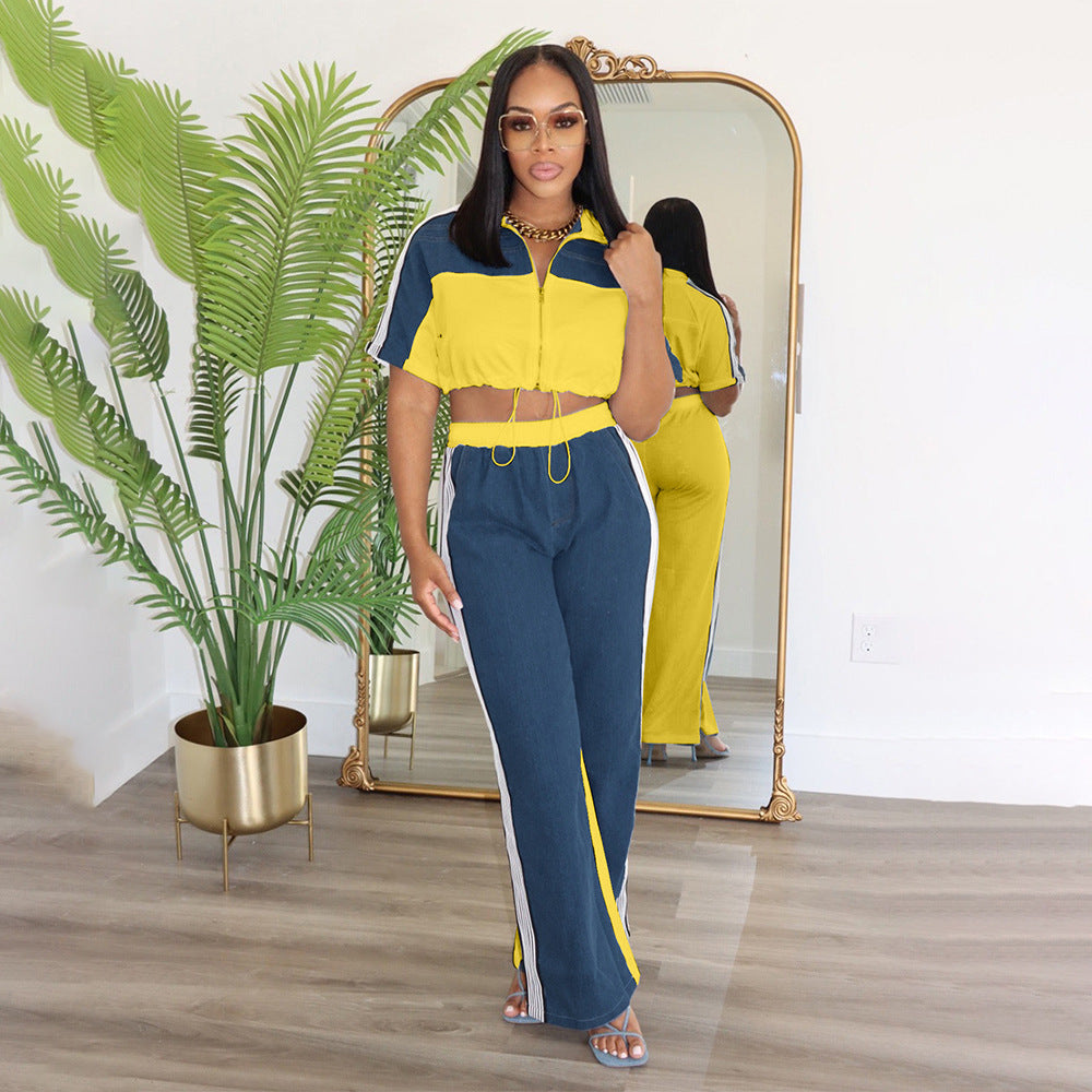 Women Color Blocking Contrast Sports Casual Top + Wide Leg Pants Two-piece Set 11