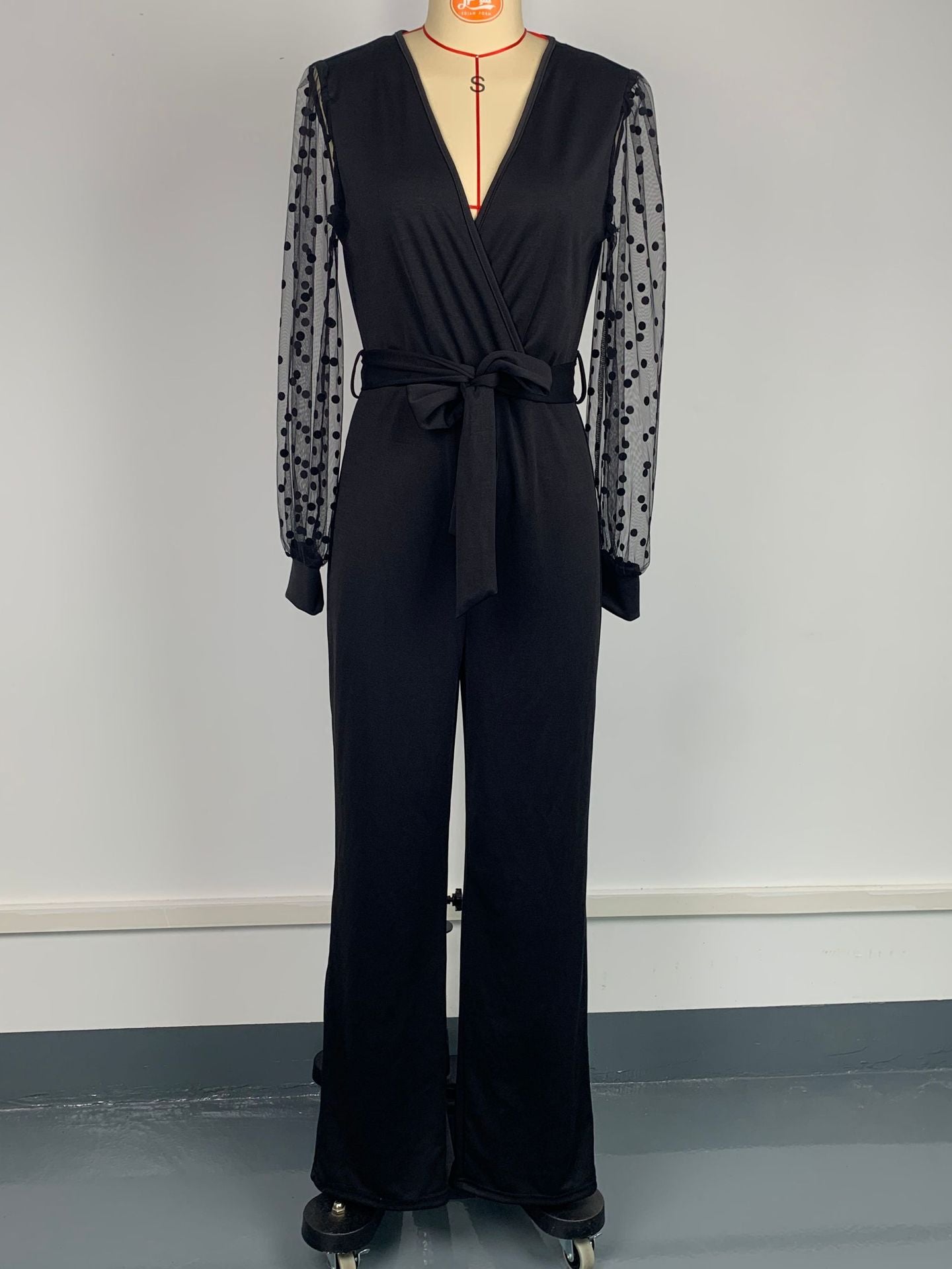 Fashion V-Neck Lace Long-Sleeved  Belt Straight Leg Jumpsuit Elegant Women's Clothing 8