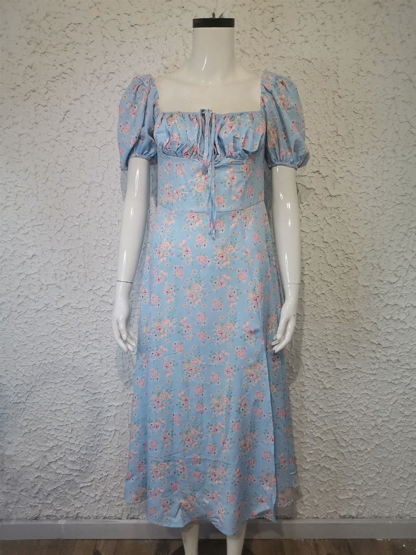 Women's summer fashion puff sleeve floral tie high slit long summer dress 24