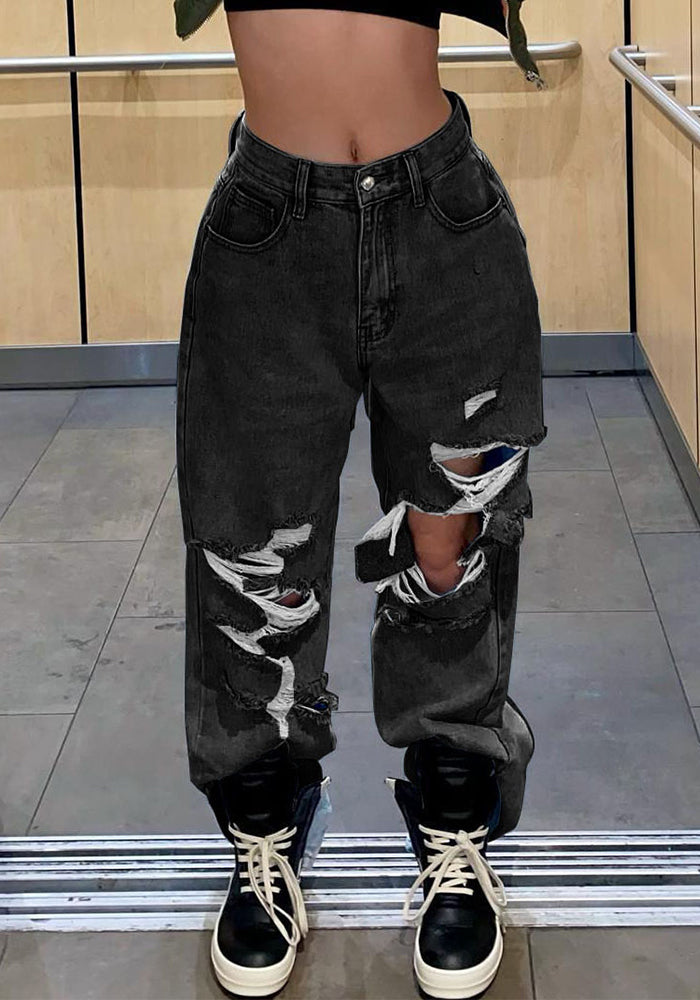 Hip-Hop Loose Straight Denim Pants Washed Distressed Same Trousers