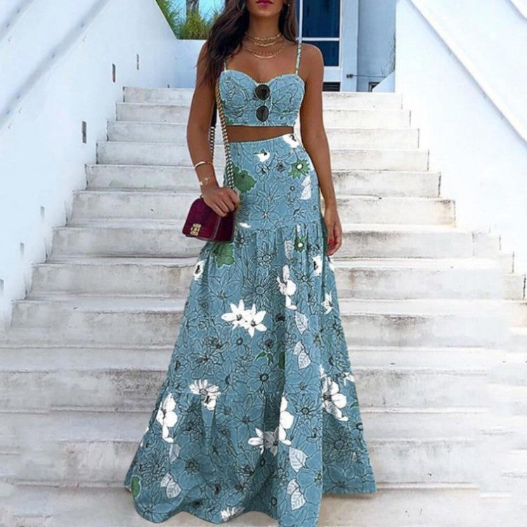 Spring Summer Printed Strap Two-Piece Skirt Set 4
