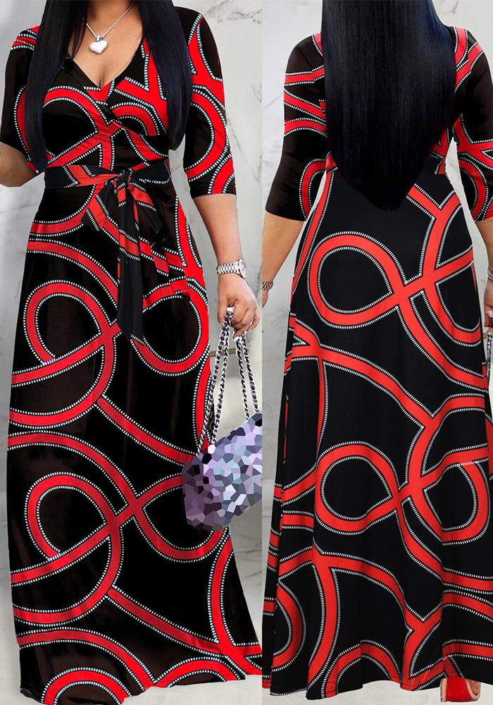 Spring & Autumn Women's Fashion Elegant Wrap V-Neck Half-Sleeve Print Belt Maxi Dress