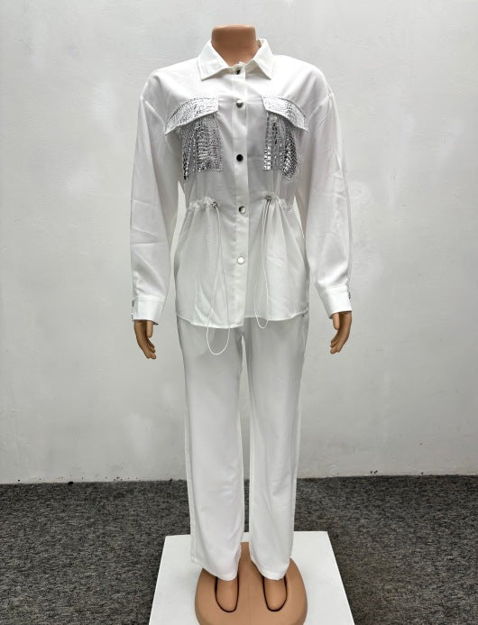 Spring Women's Suit Slim Waist Shirt Trousers Black Two-Piece Set 12