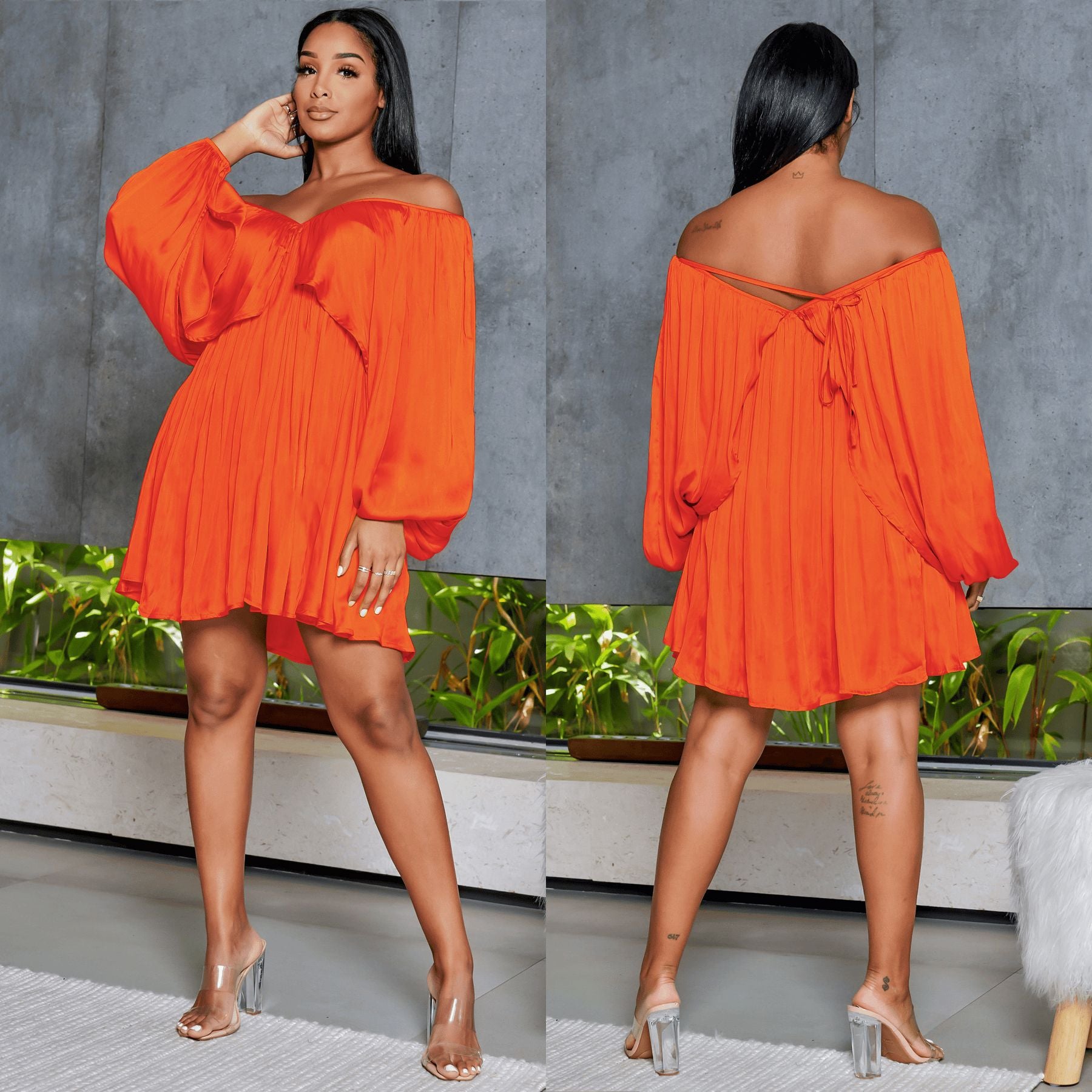 Women's Spring Summer Chic Off Shoulder Sexy Solid Color Color Bat Sleeves Dress 11