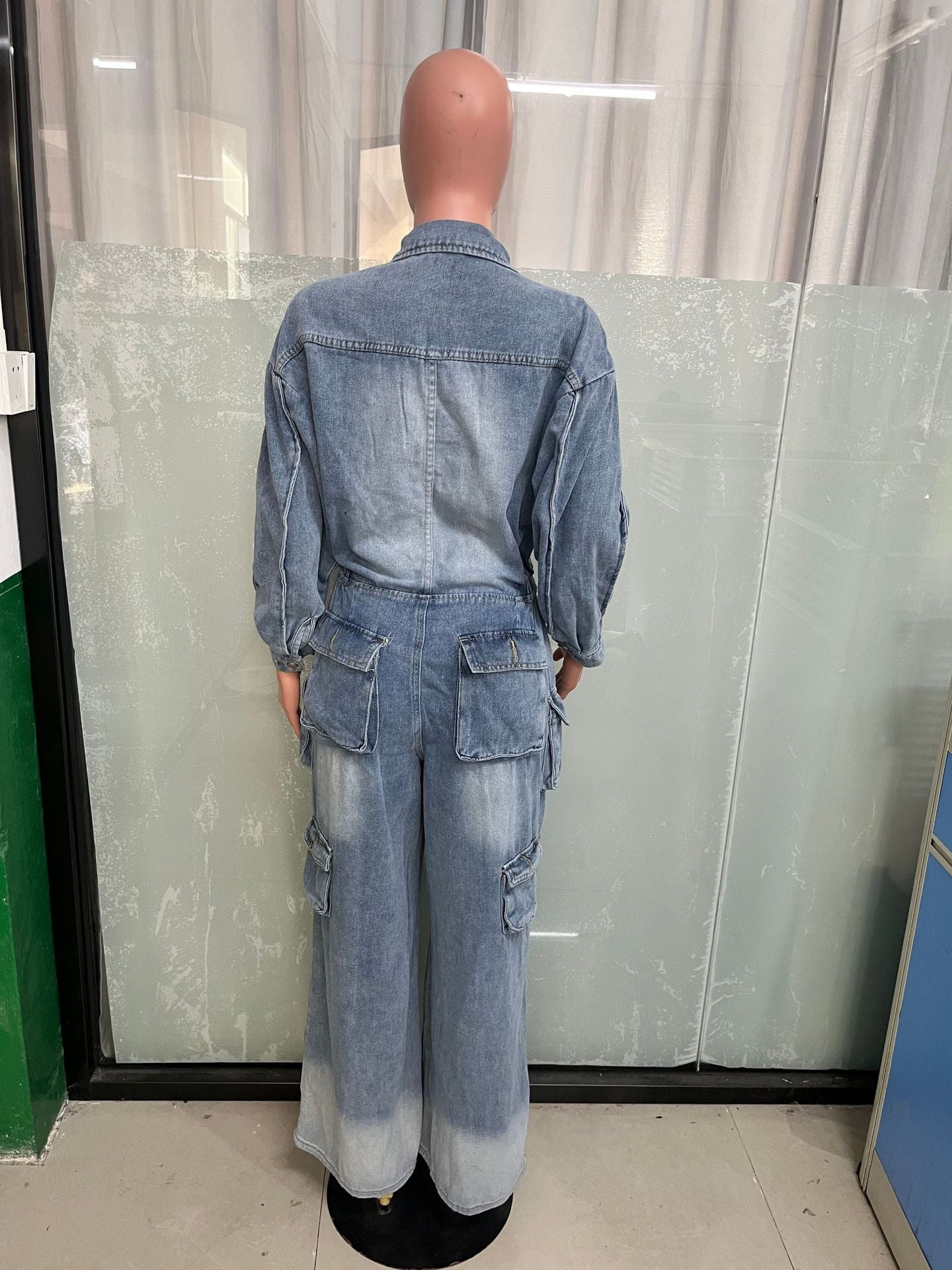Women Cargo wide leg denim jumpsuit 6