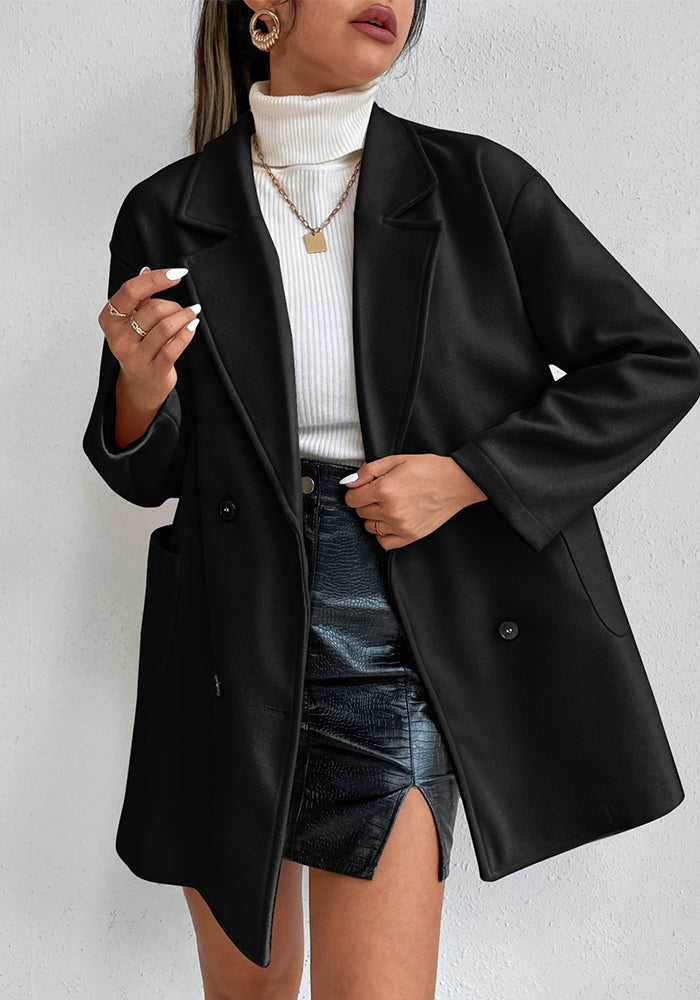 Women Double Breasted Solid Turndown Collar Long Sleeve Jacket