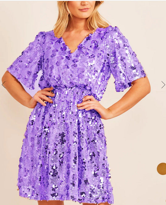 Women's Sequin V-Neck Short Sleeve Sexy Party Dress 3