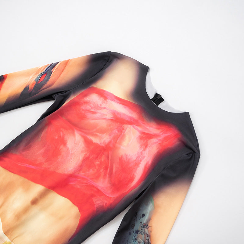 Women Body Painting Print Round Neck Long Sleeve Leg-Connected Jumpsuit 17