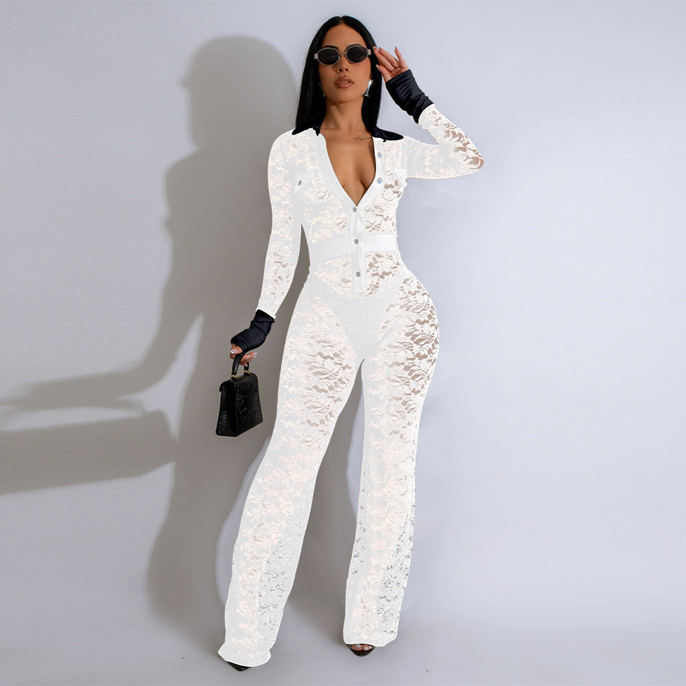 Women Lace Patchwork Long Sleeve Jumpsuit