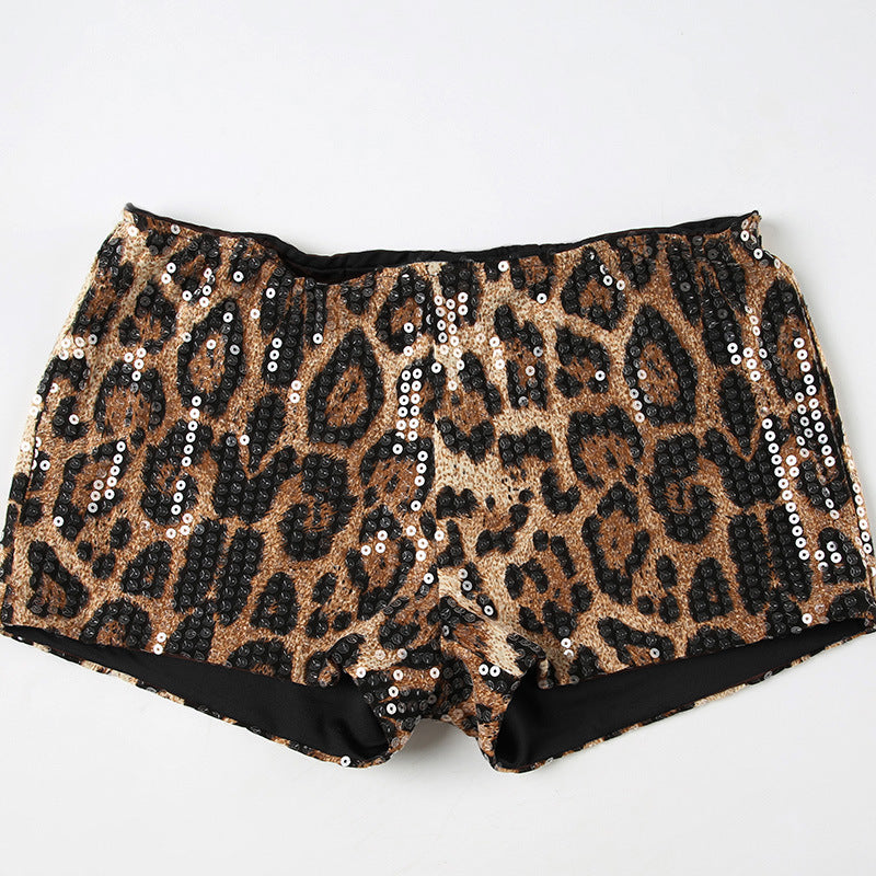 Spring Women's Leopard Print Sequins High Waist Tight Fitting Sexy Shorts Women 31