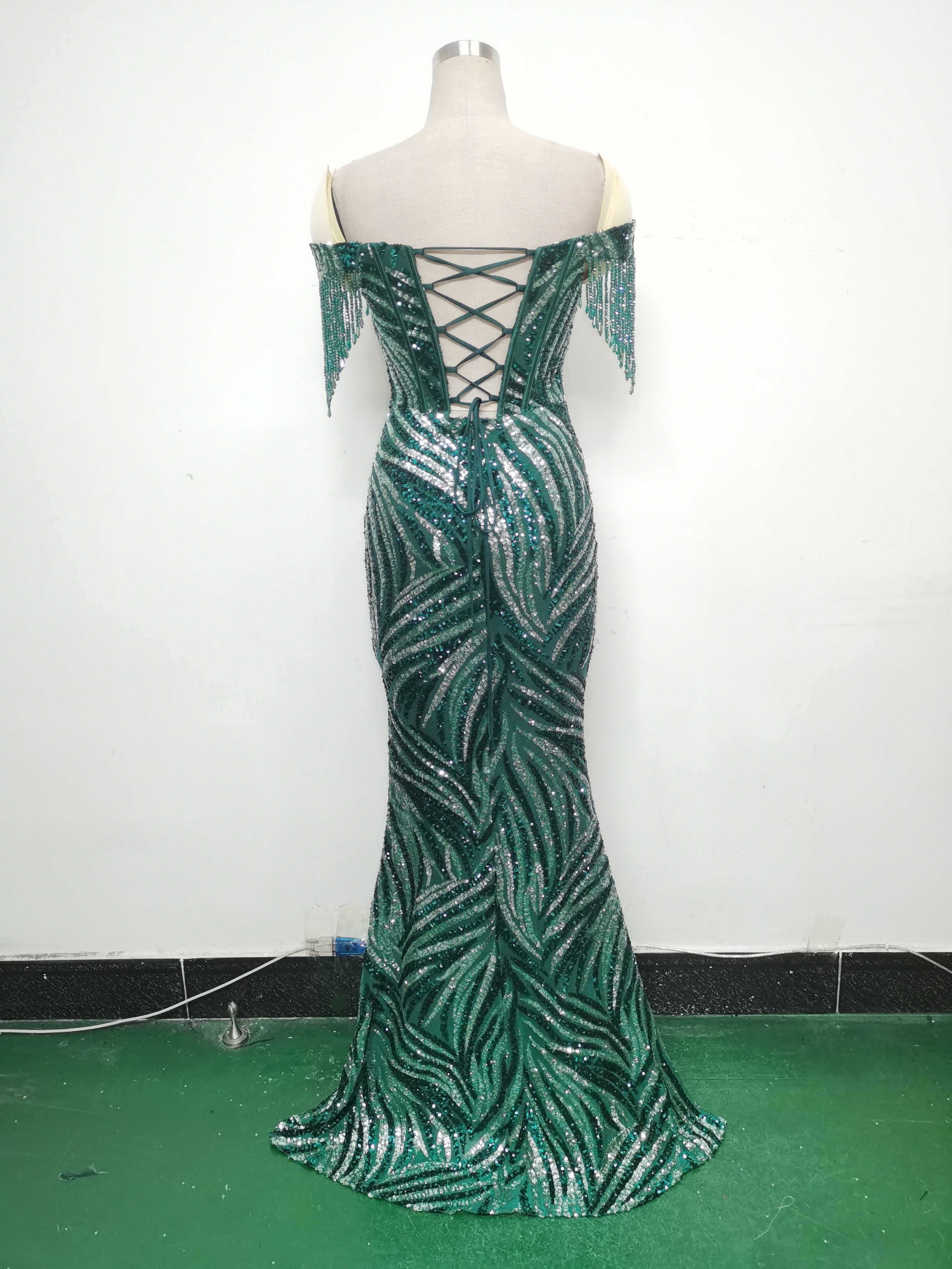 Off Shoulder Tassels Fishbone Slim Waist Lace-Up Sequin Evening Dress 28