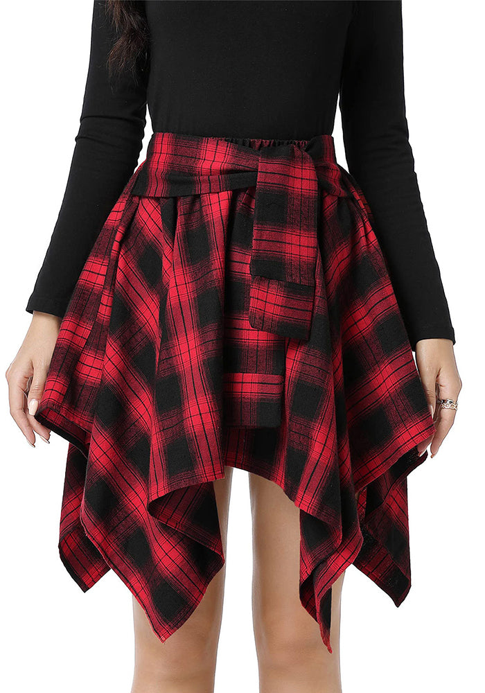 High-Waist Patchwork Asymmetrical Plaid Skirt