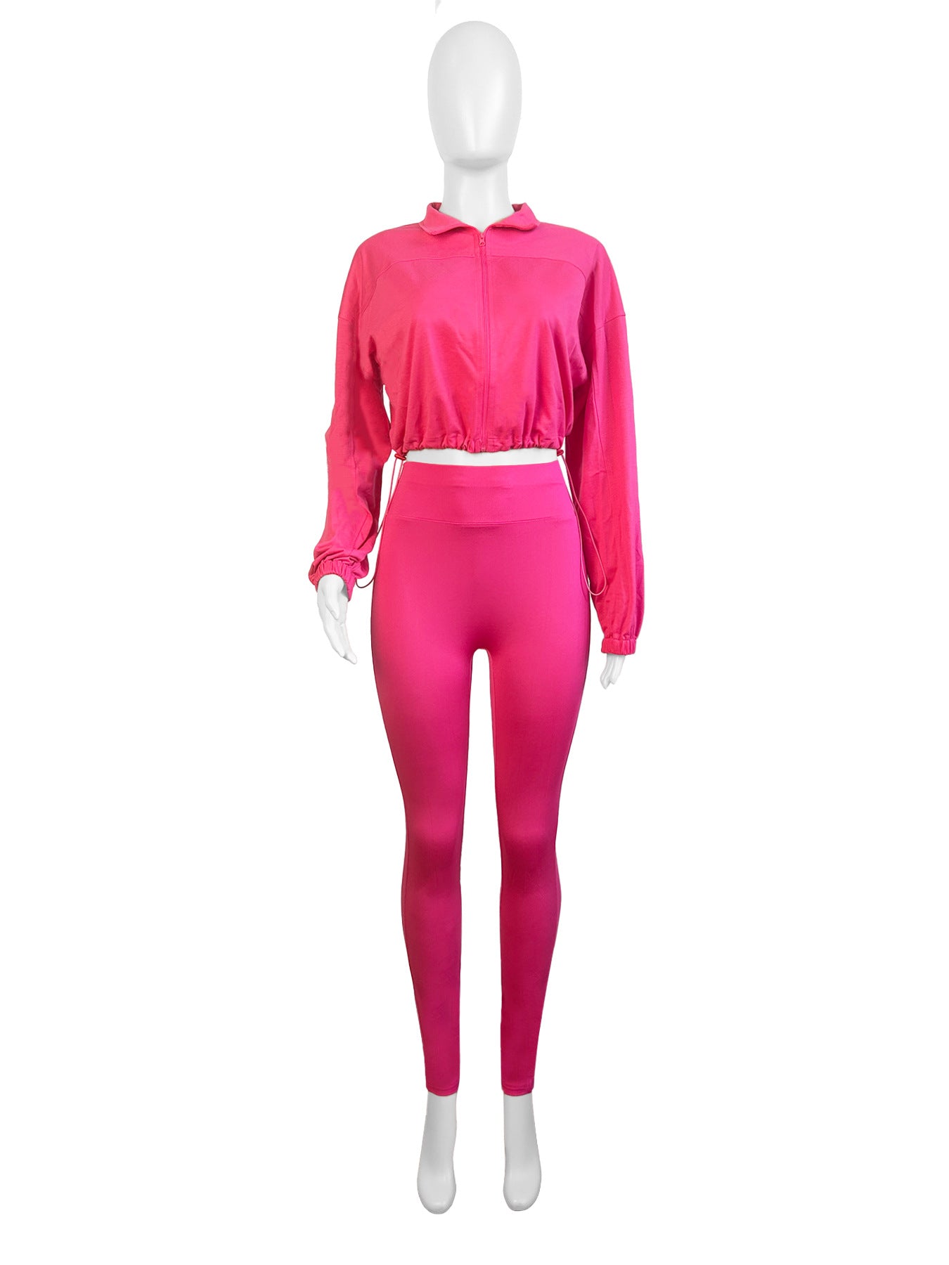 Casual Women's Zipper Elastic Buckle Slim Waist Long Sleeve Sport Two-Piece Pants Set 15