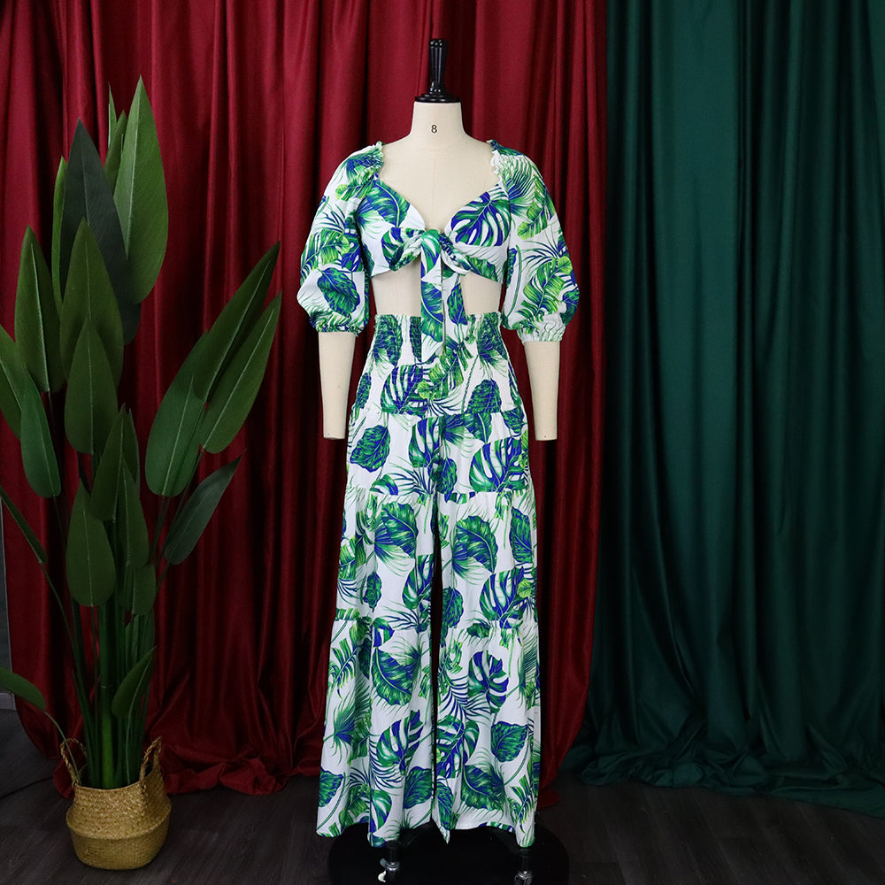 Women Printed V-neck Lace-Up Top + Wide Leg Pants Two-Piece Set 8