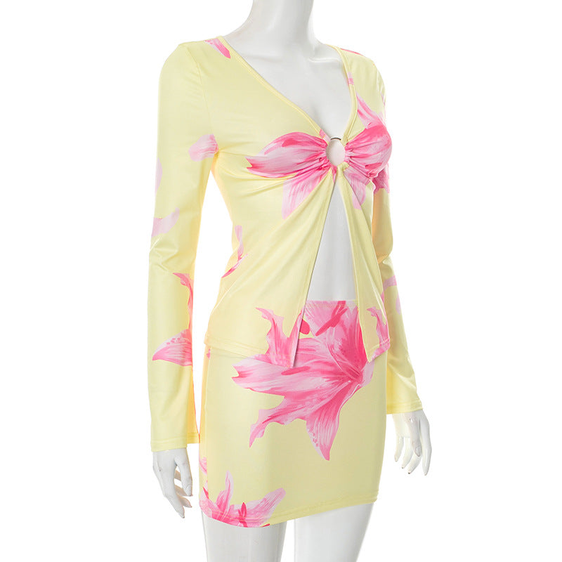 Women's Floral Print Long Sleeve Ring-Detail Slit Top & Tight-Fitting Skirt Two-Piece Set 7