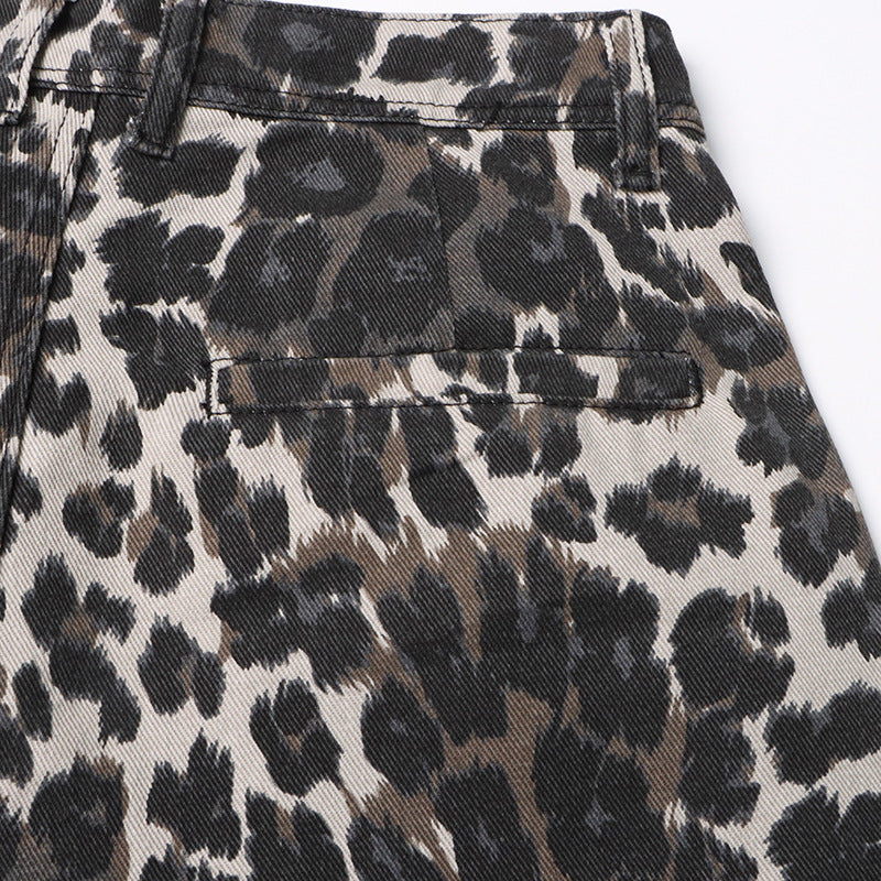 Autumn American Retro Leopard Print High Waisted Slim Fit Straight Jeans Ripped Denim Pants 19