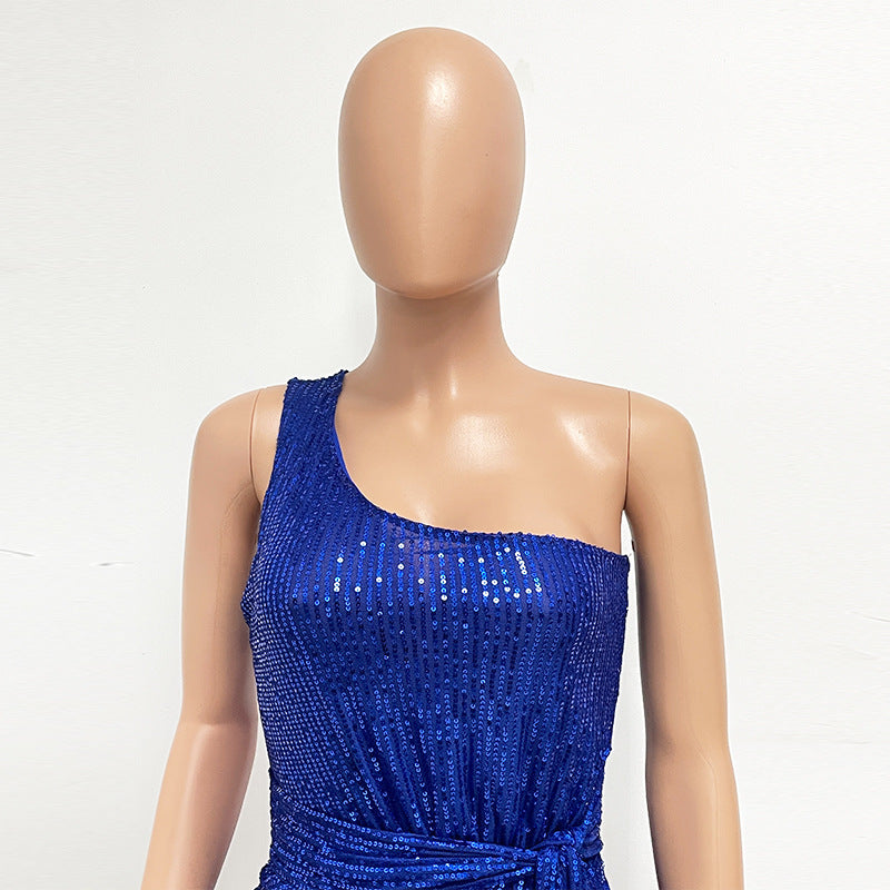 Women's One-Shoulder Lace-Up Sequined Evening Dress 66