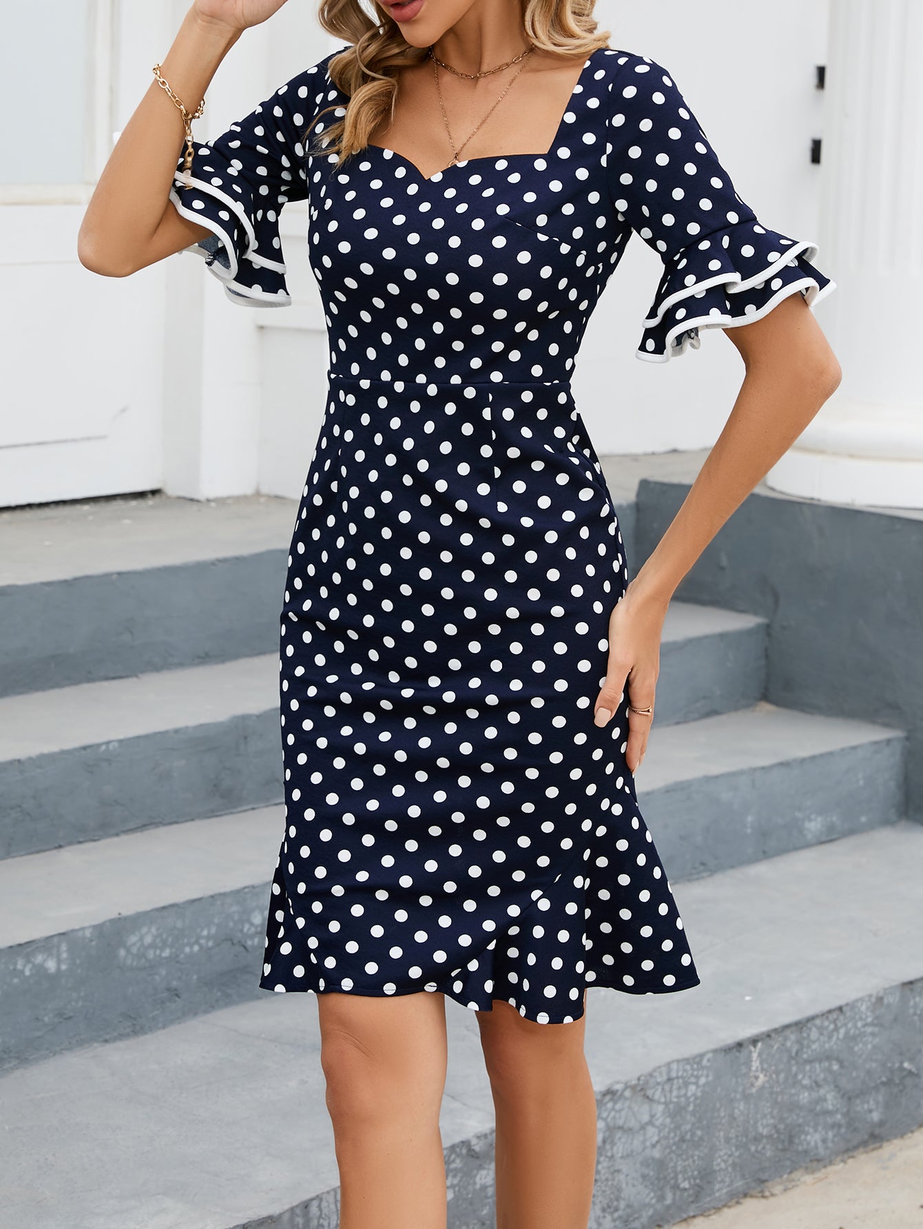 Fashion Elegant Career Ruffle Sleeve Polka Dot Fishtail Dress 5