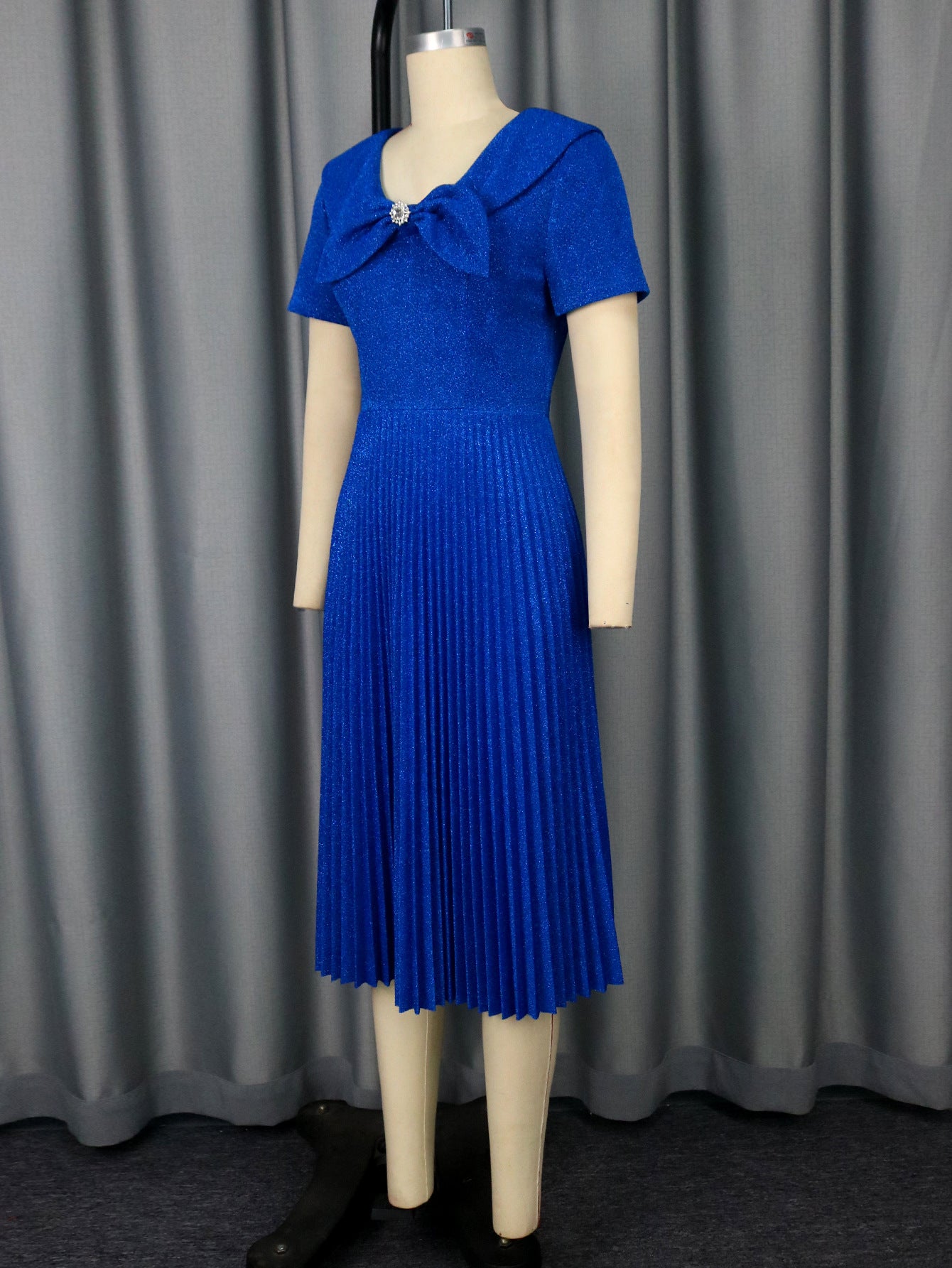 Women bow tie Turndown Collar short sleeve pleated Formal Party dress 4