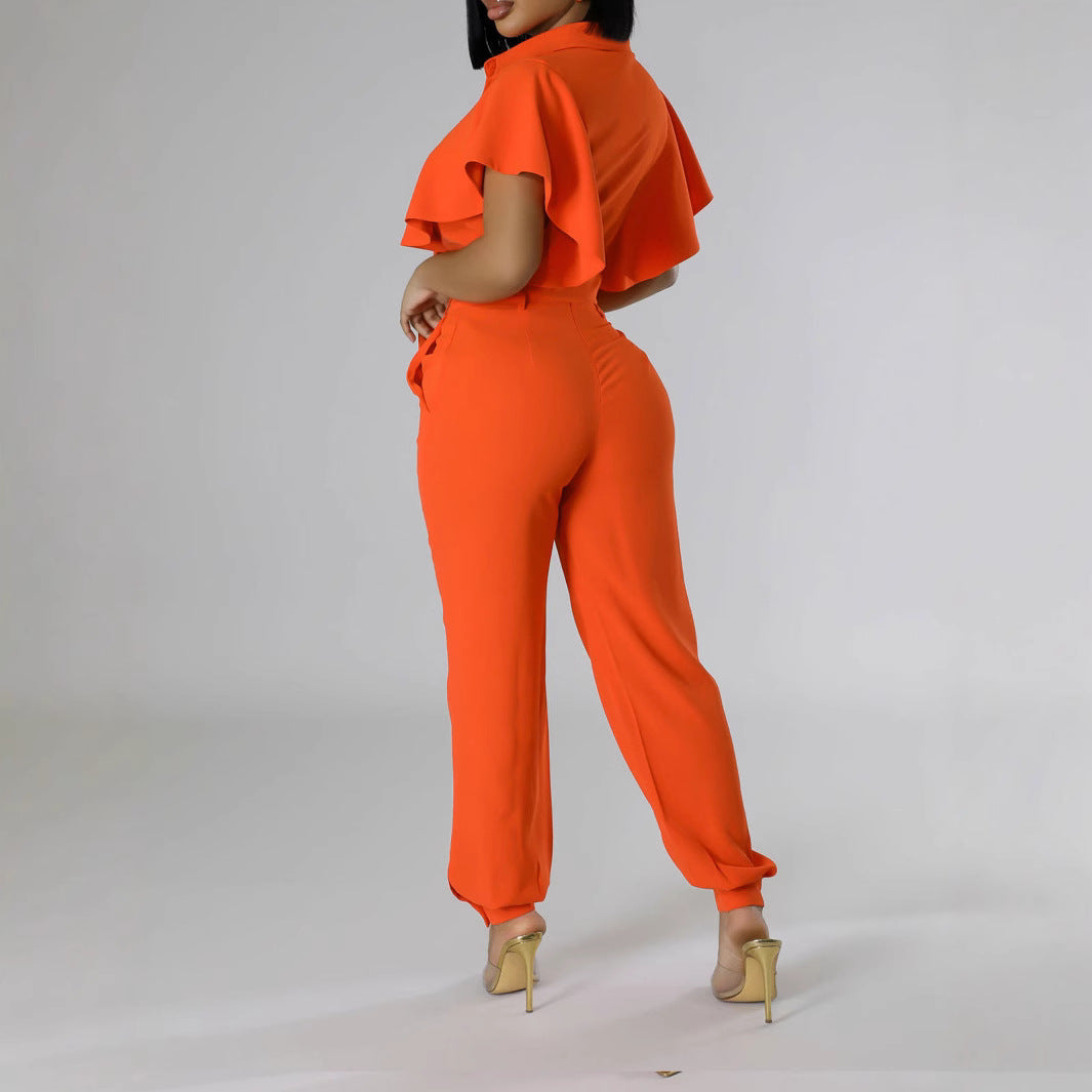 Ruffle Sleeve Tie Knot Shirt High Waist Pants Casual Two Piece Set 3