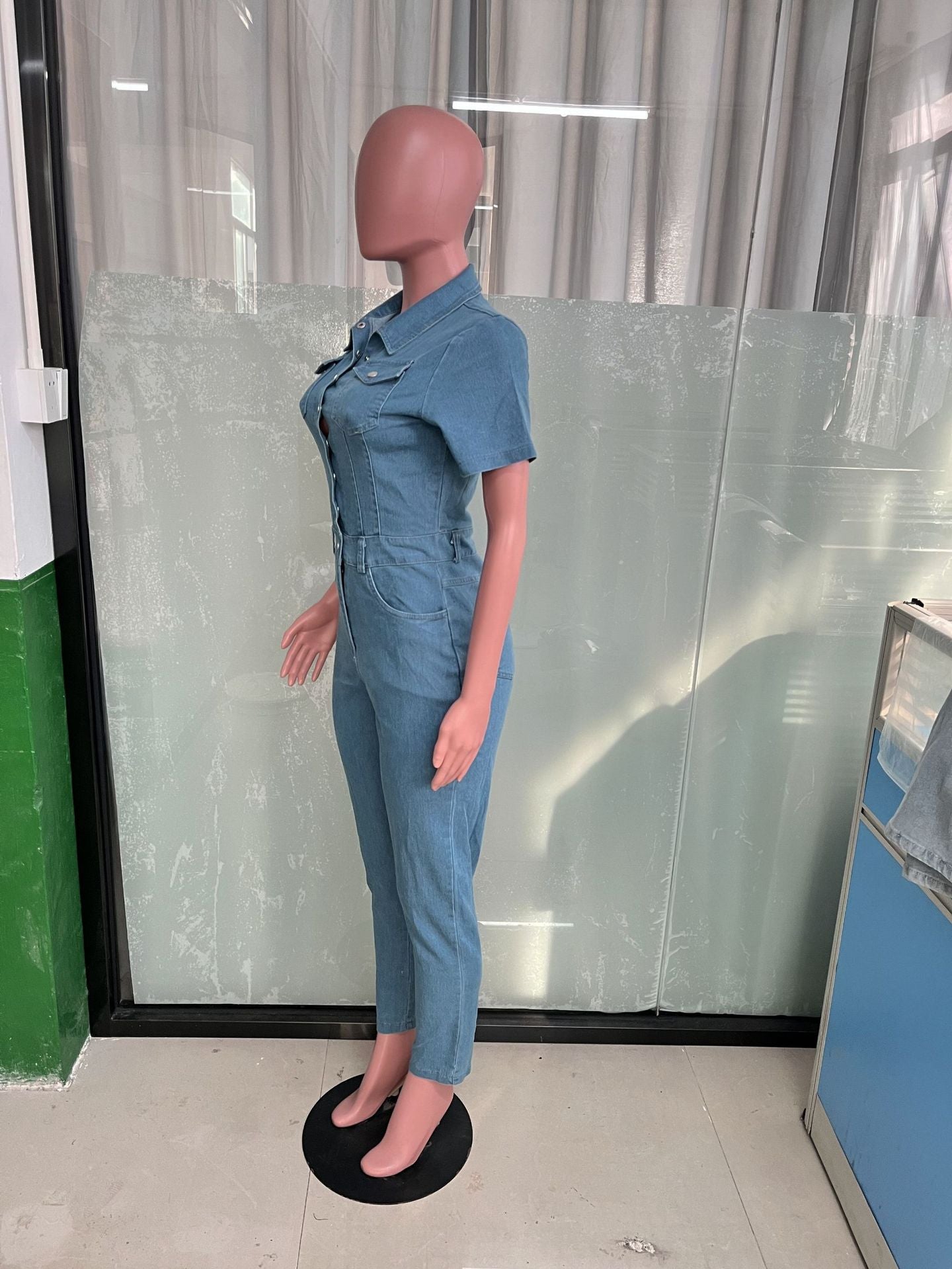 Women Short Sleeve Button Denim Jumpsuit 9