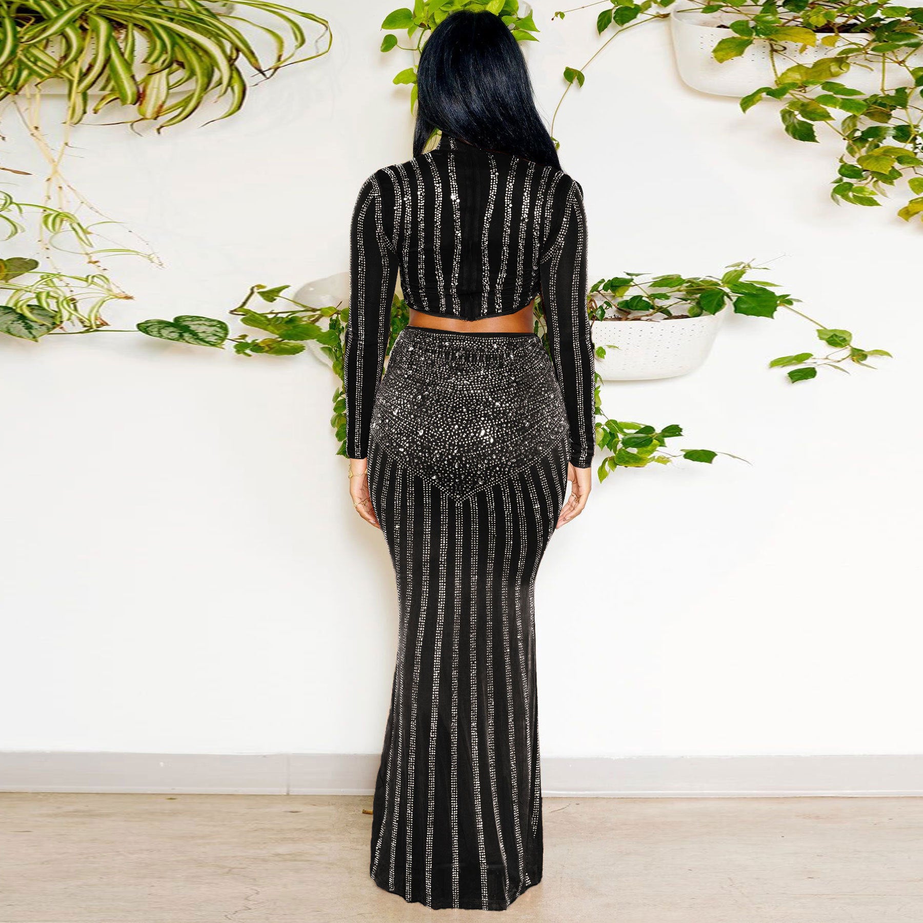 Sexy Beaded Tight Fitting Stretch Long Sleeve Top Bodycon Mermaid Skirt Suit 6