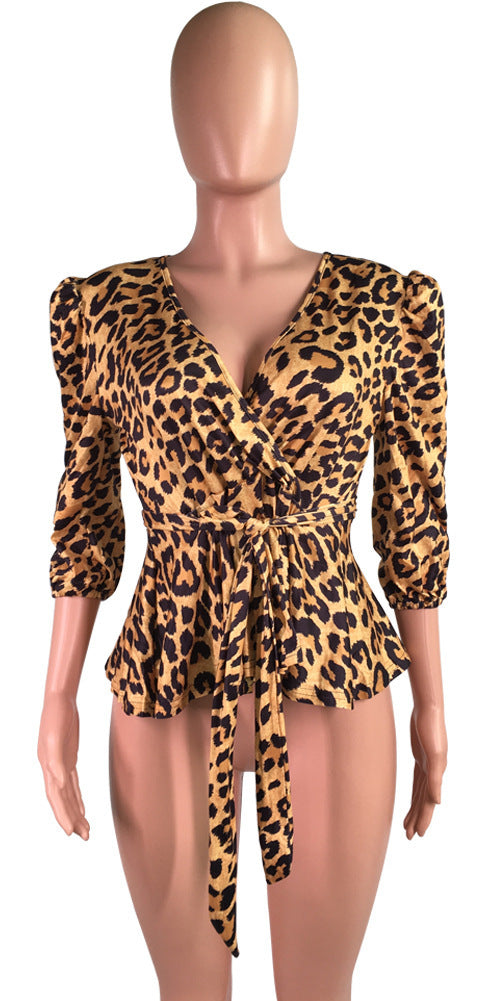 Women Casual Leopard V-neck Lace-Up Top 10