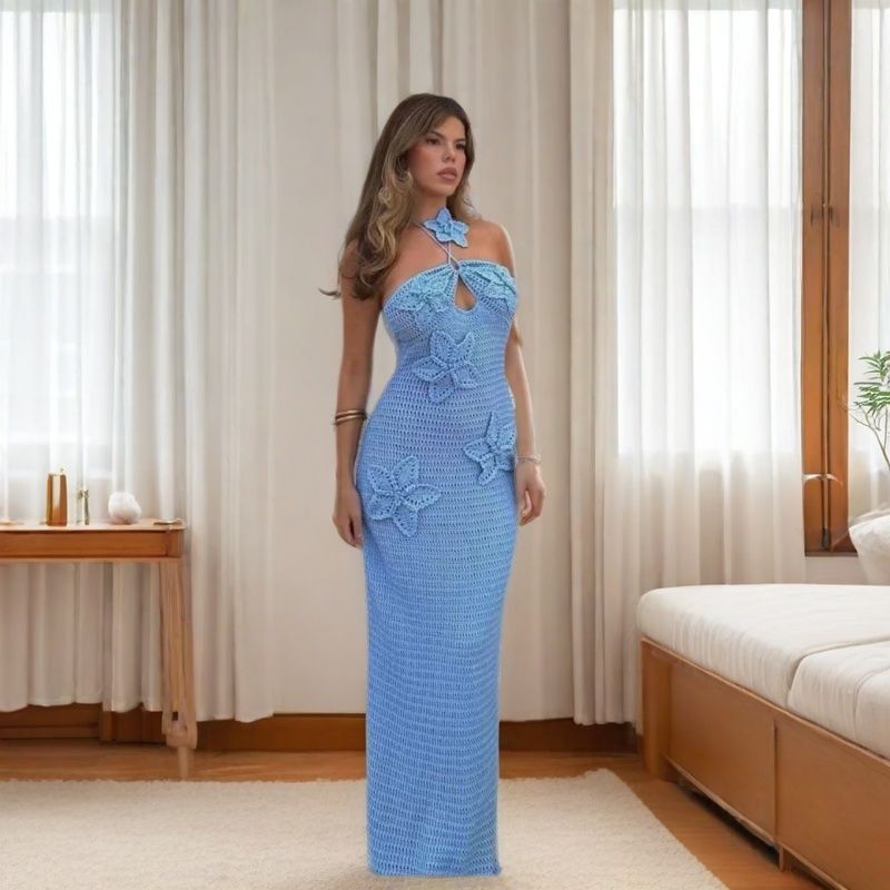 Women autumn Soid flower strap off-shoulder see-through dress 5