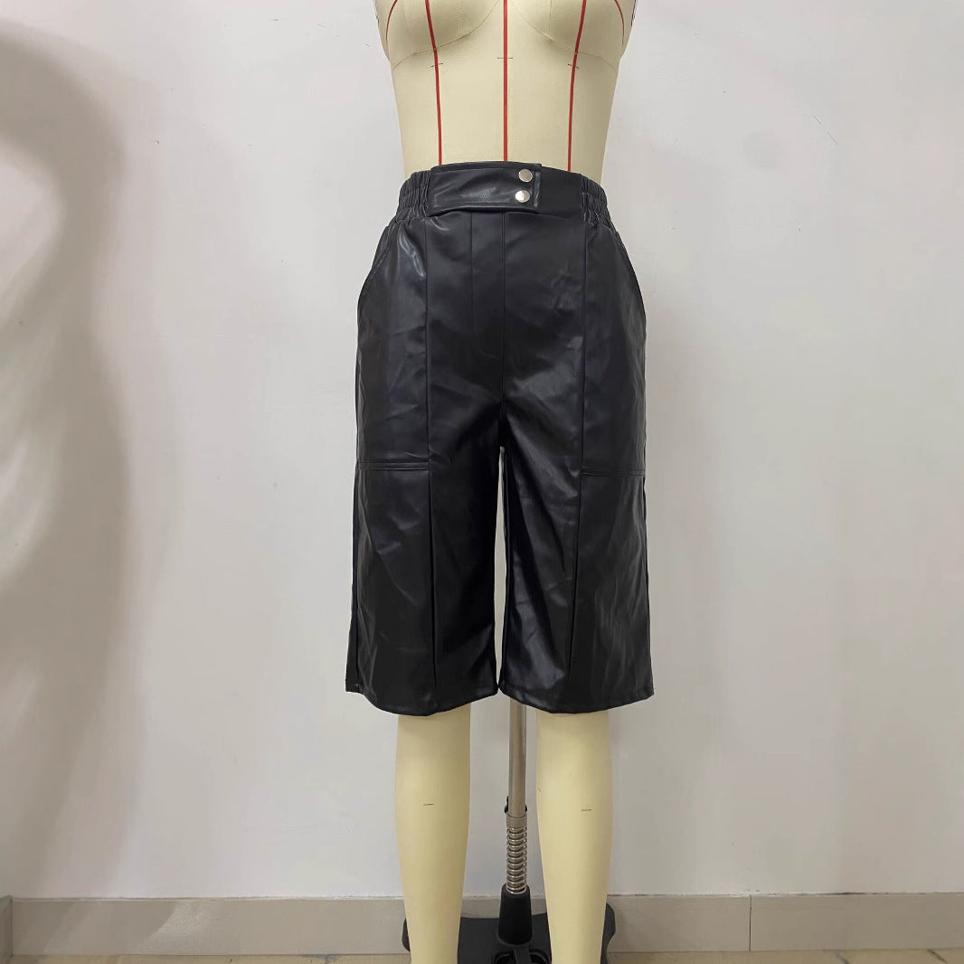 Women Summer Loose Casual Pocket Pu-Leather Shorts 3