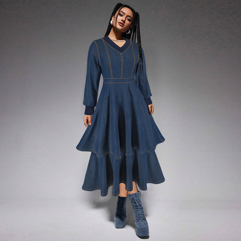 Women's Clothing Ribbed V-Neck Long Sleeve Denim Dress