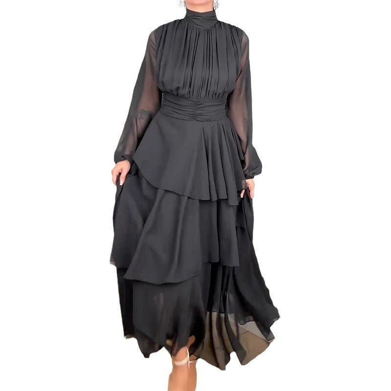 Women French Solid Turtleneck Cascading Ruffles Dress 7