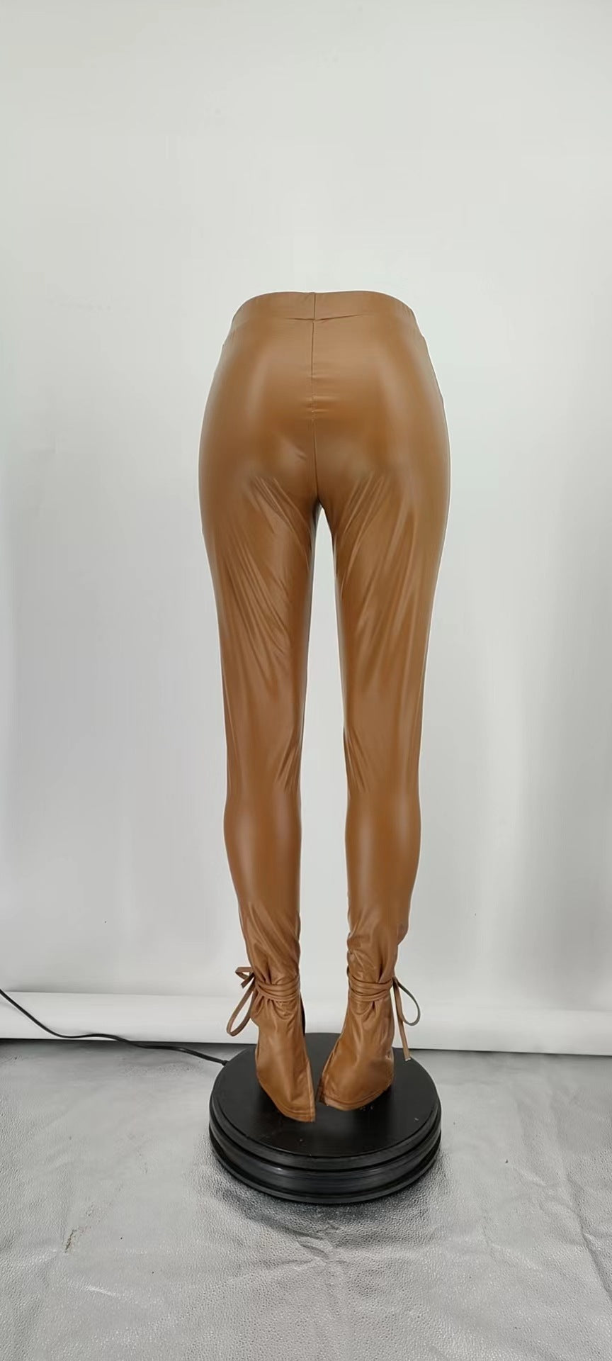 Women Fall Stretch Lace-Up Bell Bottom Side Slit Pu Leather Pants 13