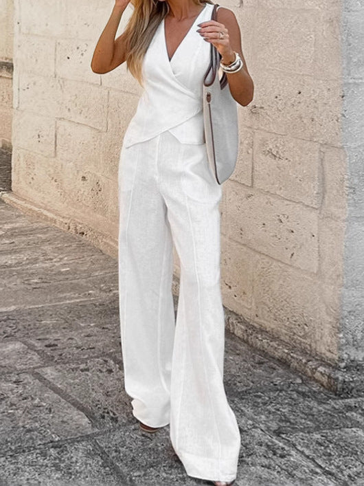 Women White V-Neck Lace-Up Vest and Pants Two Piece Set 4