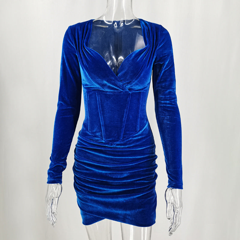 Spring Long-Sleeve Elegant Velvet Fishbone Bodycon Dress 8