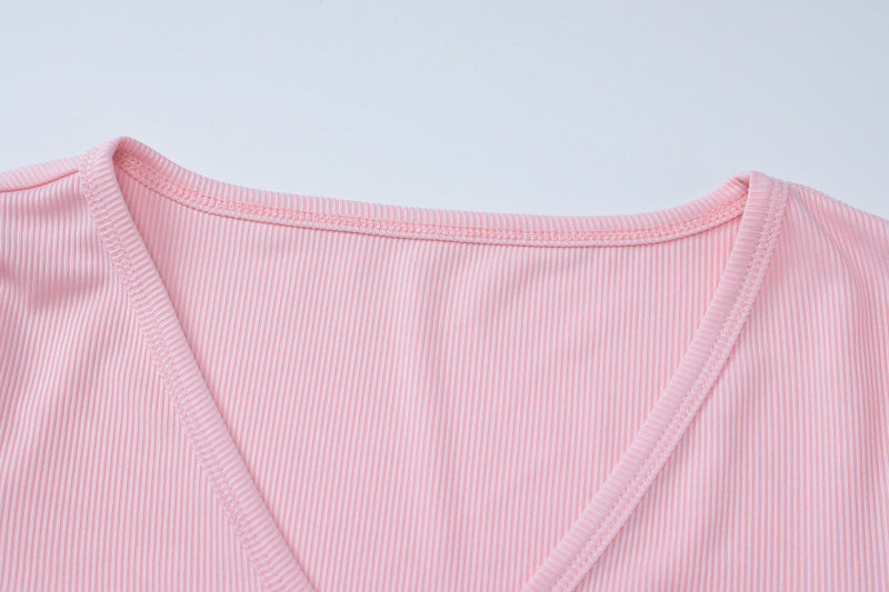 Women's Sexy V-Neck Tight Fitting Long-Sleeved Top Fashionable Sports Style Shorts Two-Piece Set 16