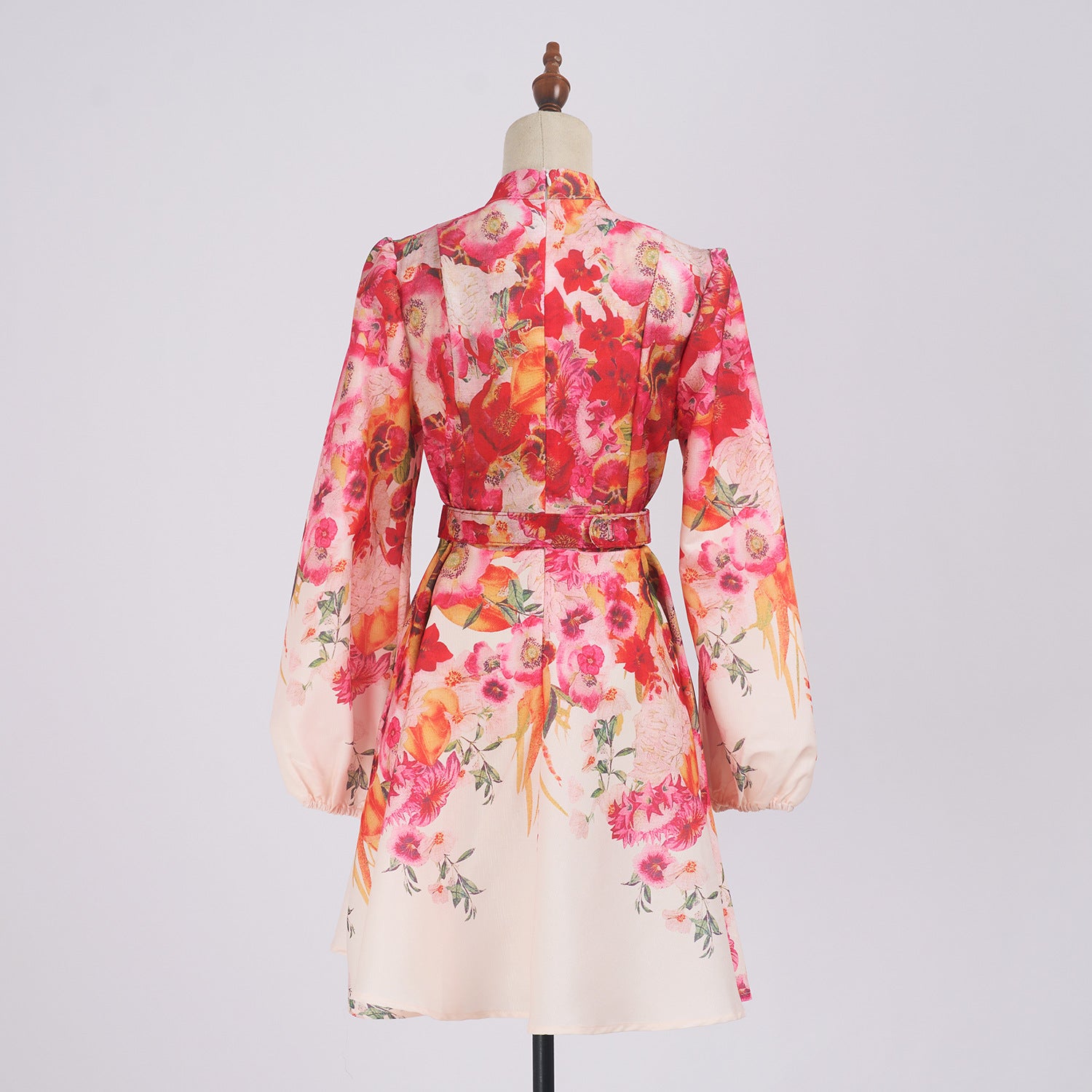 Women's Print Long Sleeve Lantern Sleeve Stand Collar Single-Breasted Short Dress With Belt 7