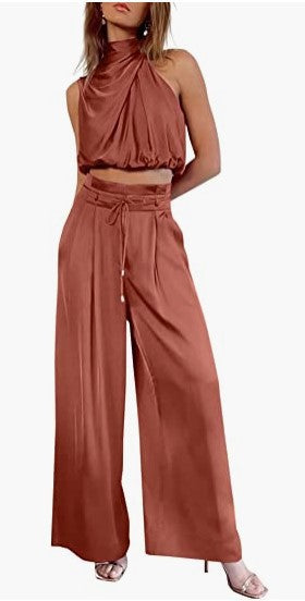 Women Summer Casual Sleeveless Crop Top Wide-leg Pants Two Piece Set 4