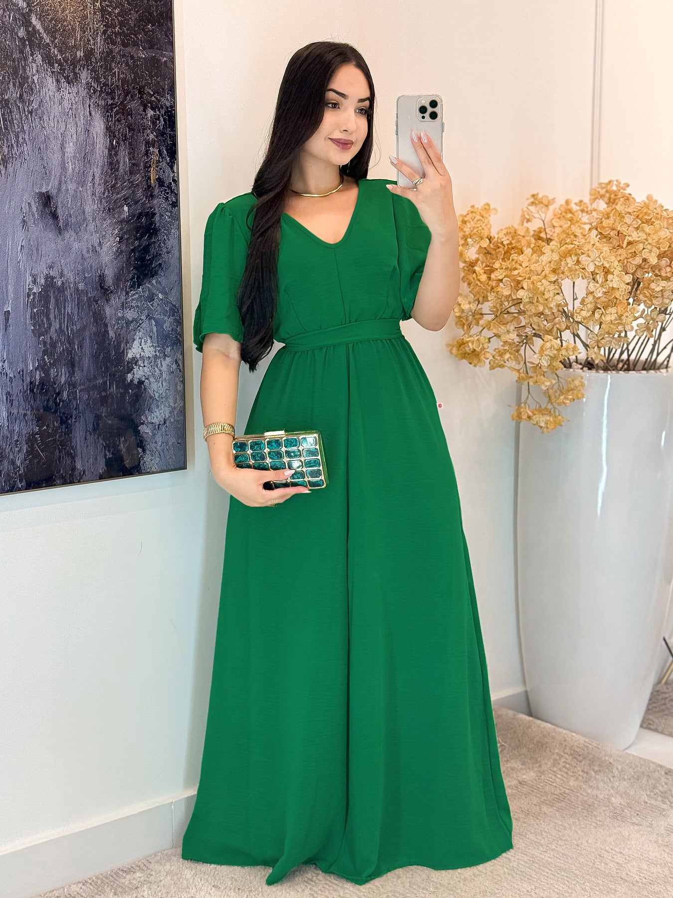 Green Round V-Neck High Waist Belt Short Sleeve Elegant Long Dress 3